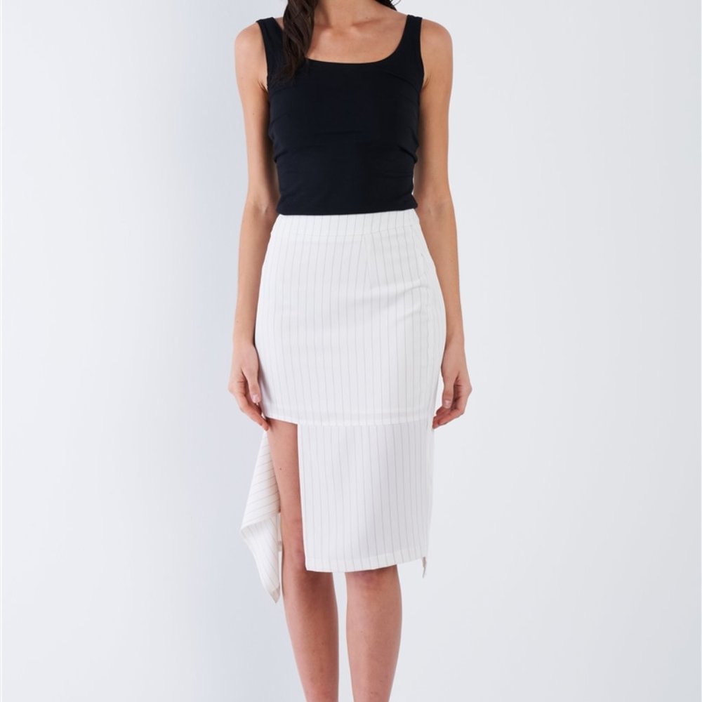 Pinstripe Asymmetrical Hem Midi Skirt